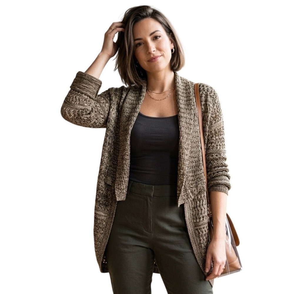 One A Women Brown Marled Open Knit Cardigan Draped Button Tab Sleeve Large